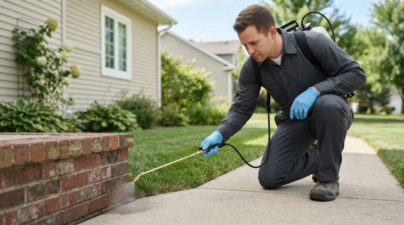 Pest control technician treating a home near New Britain, CT